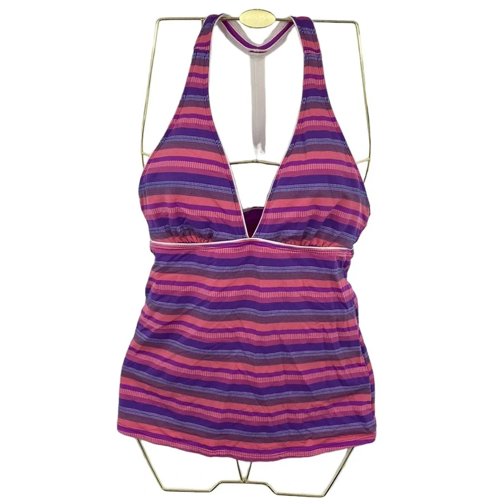 Athleta Tankini Top Swimsuit Women Size Medium Purple Pink Stripes T-Back V-Neck